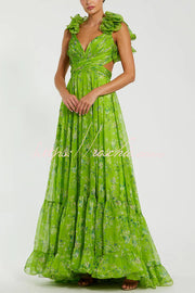 Floral Chiffon Tiered Ruffle Cutout Back Maxi Dress