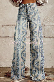 Printed Wide Leg Pants with Button Pocket – Loose Fit