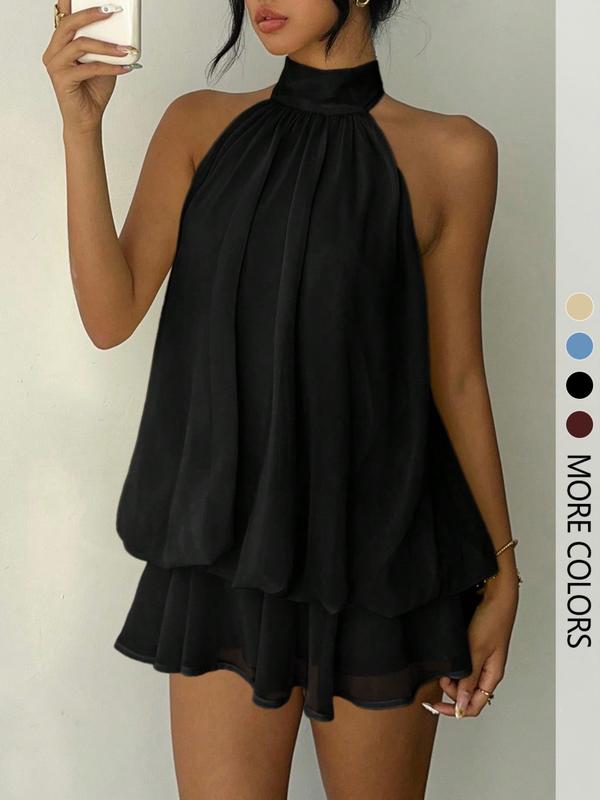 Women's Simple Solid Backless Halter One-Piece Jumpsuit, Elegant Ruffle Design, Perfect for Casual Wear, All Seasons Fashion, Outfit