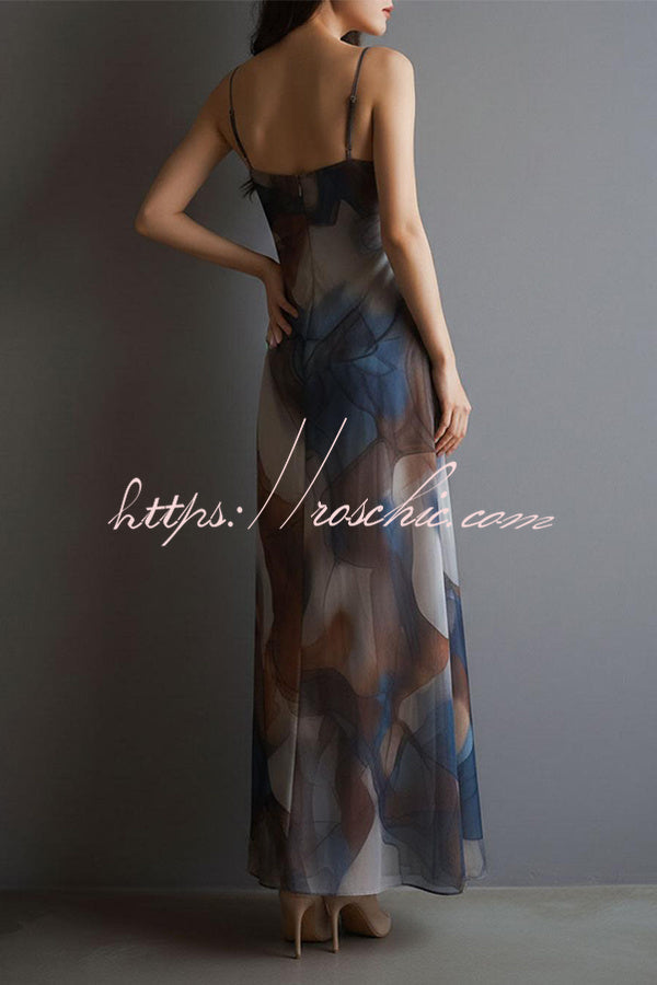 Abstract Watercolor Cowl Neck Maxi Dress