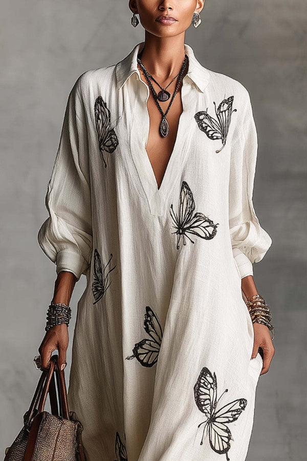 Butterfly Print V-Neck Maxi Dress – Loose Long Sleeve