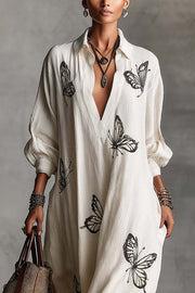 Butterfly Print V-Neck Maxi Dress – Loose Long Sleeve