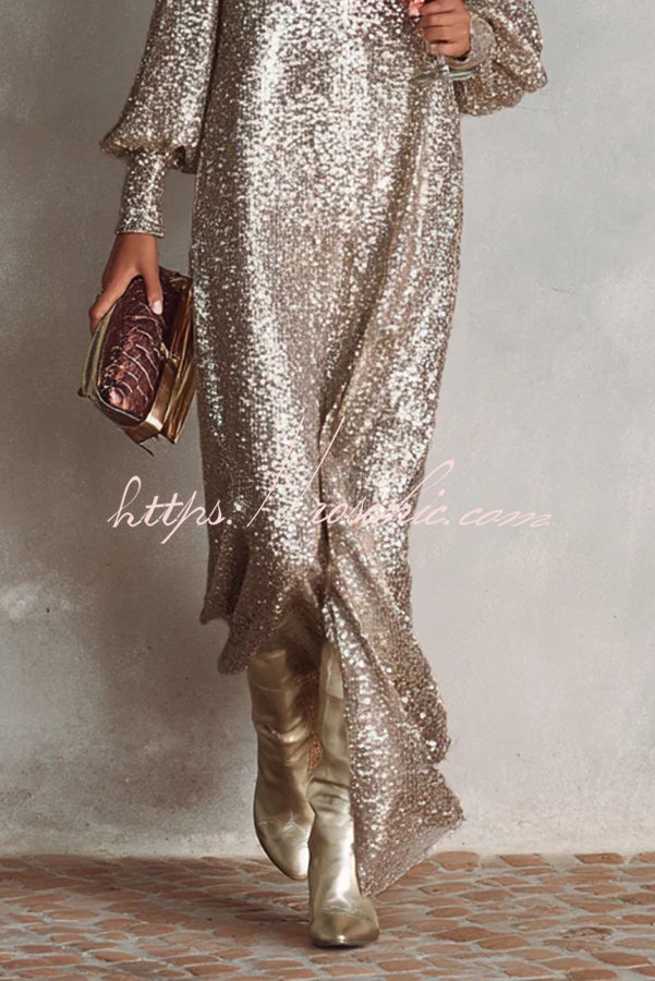 Sequin V-Neck Maxi Dress with Balloon Sleeves | Party Dress