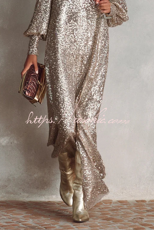 Robe longue à col en V et manches ballon | Robe de soirée