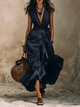 Navy Blue Deep V-Neck Ruffle Wrap Maxi Dress