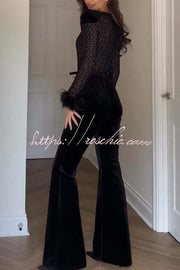 Lace Sequin Velvet Patchwork Flare Jumpsuit with Feather Trim