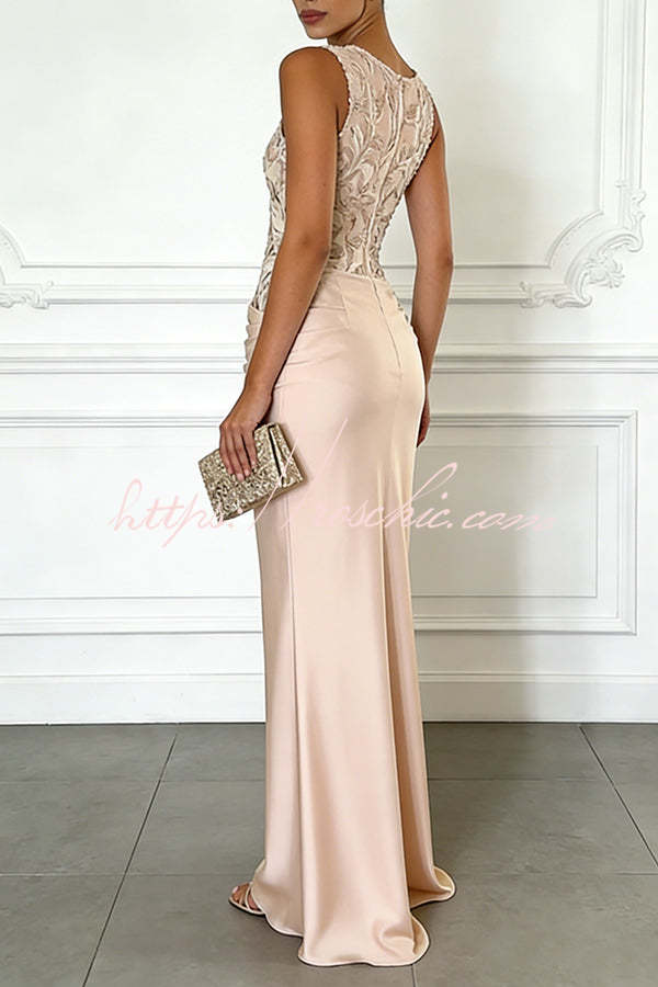 Light Pink Satin Maxi Dress with Floral Embroidery