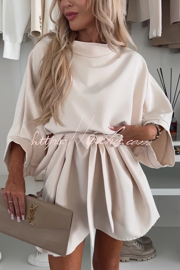 Loose Batwing Sleeve Belted Mini Dress – Solid Color