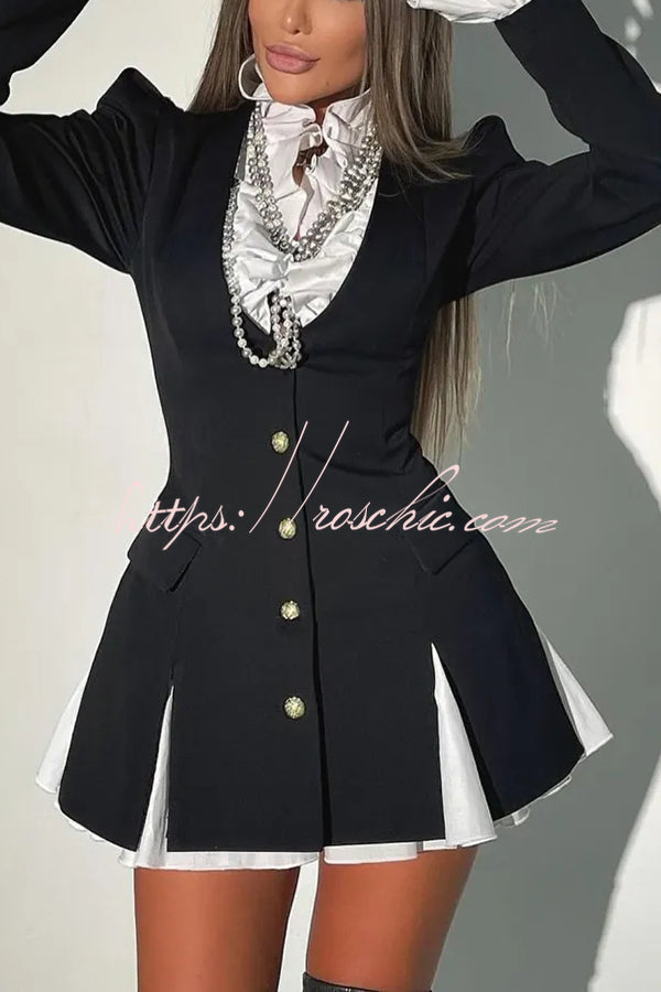 Ruffled Patchwork Blazer Mini Dress – Long Sleeve Shirt Collar