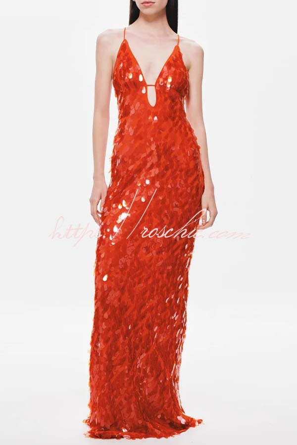 Fish Scale Sequin Cutout U-Neck Slip Maxi Dress
