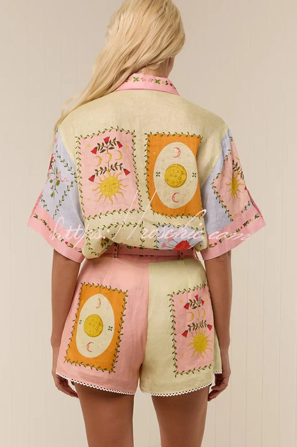 Linen Blend Printed Short Sleeve Shirt & Belted Shorts Set