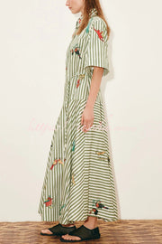 Linen Blend Striped Maxi Dress with Belt & Collar