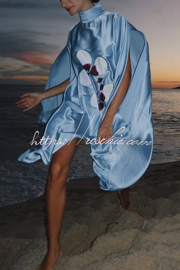 Satin Floral Print Pleated High-Neck Mini Dress