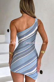Striped Knit One-Shoulder Mini Dress with Metal Bead Detail