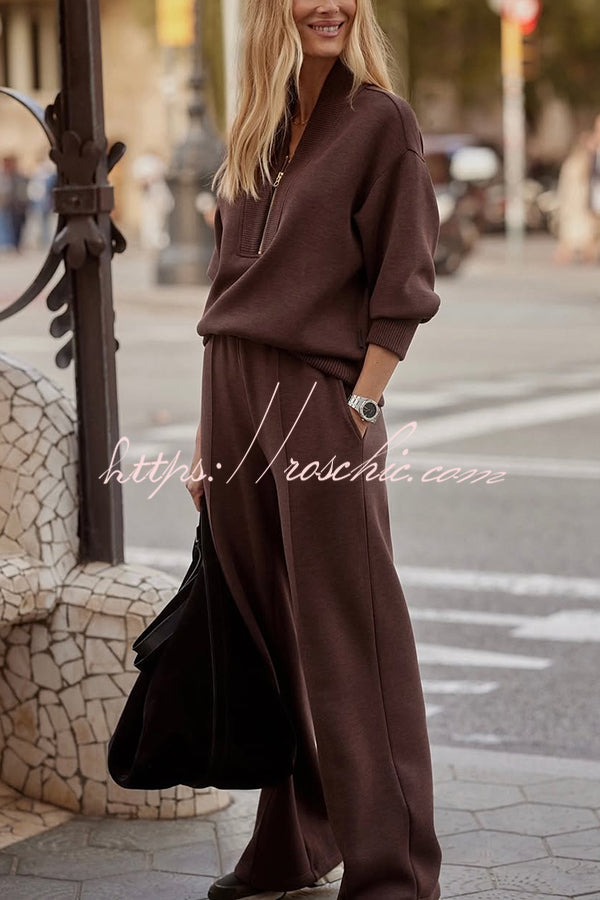 Ensemble sweat-shirt côtelé à col zippé et pantalon ample