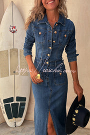 Denim Midi Dress with Button-Zip Shirt Neck & Pencil Slit