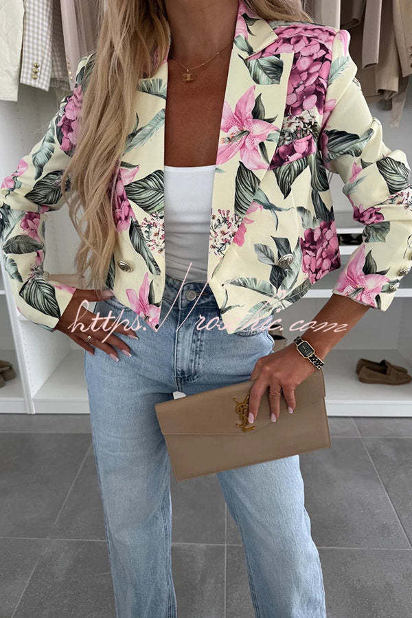 Floral Print Crop Blazer with Lapel & Long Sleeves