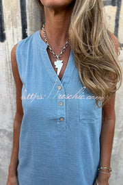 Sleeveless V-Neck Mini Dress with Pockets – Loose Casual Fit
