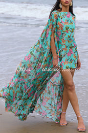 Floral Print High Low Cape Maxi Dress for Party & Vacation