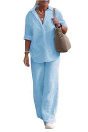 Knit Long Sleeve Shirt & Wide-Leg Pants Set – Casual Loose Fit