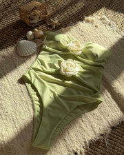 Strapless Floral Appliqué One-Piece Swimsuit with Cutout