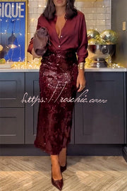 Satin Button-Up Blouse | Long Sleeve Loose Party Top