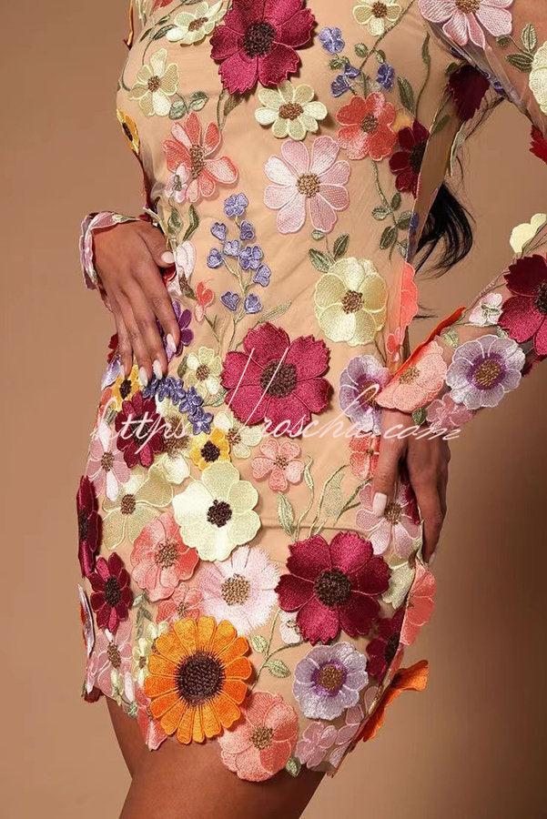 Floral Applique Backless Mini Dress with Long Sleeves