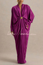Satin Plunge V-Neck Maxi Dress with Gold Trim & Batwing Sleeves