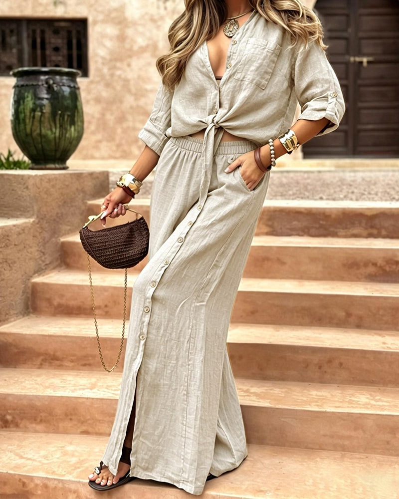 Linen-Blend Tie-Front Top & Wide-Leg Pants Set