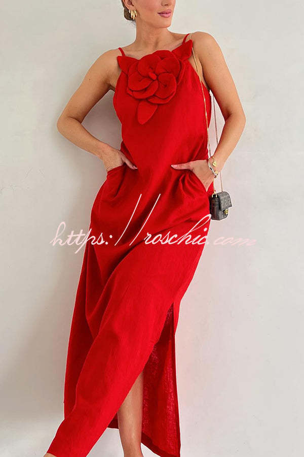 Linen Blend Floral Embellished Maxi Dress with Pockets & Slit
