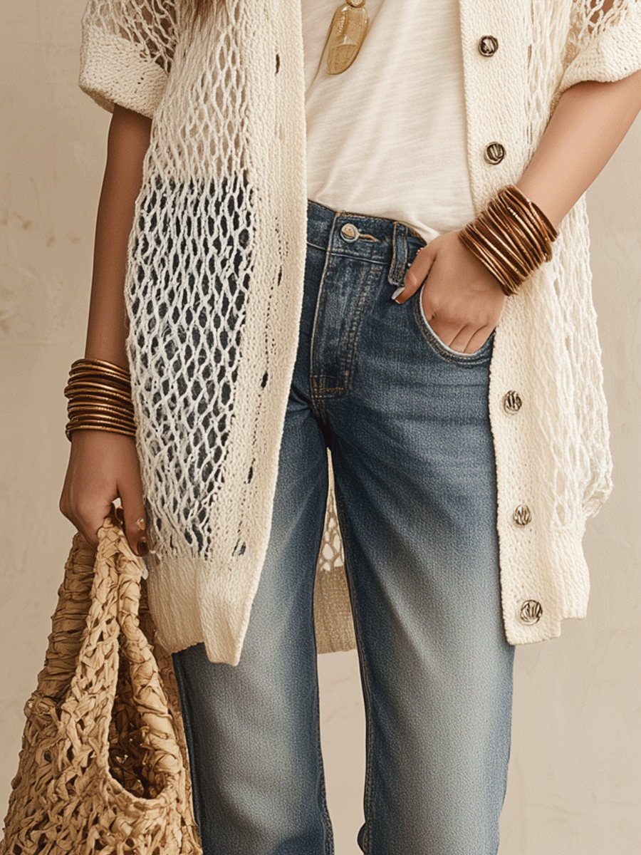 Open-Knit Ivory White Bohemian Cardigan for Resort Wear