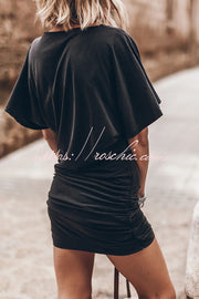 Mini-robe froncée à manches cloche en coton mélangé