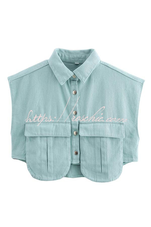 Denim Cape Sleeve Crop Top with Chest Pocket | Loose Fit