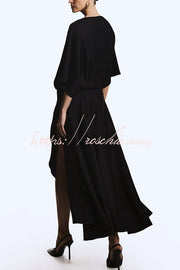 Satin Wrap Maxi Dress with Wide Sleeves and Pocket