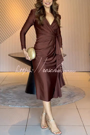 Satin Long Sleeve Midi Dress with Ruffled Hem & Slit