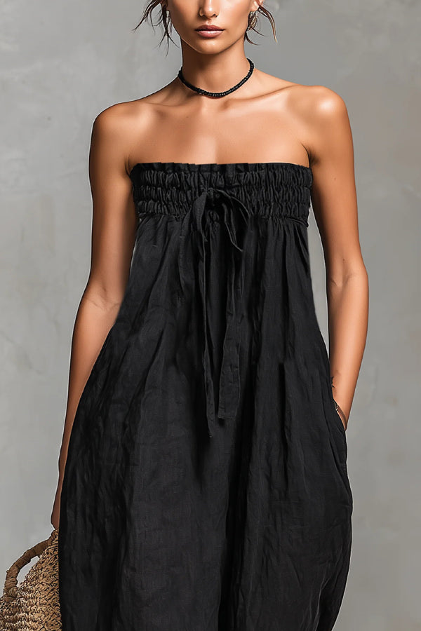 Linen Blend Off-Shoulder Jumpsuit with Pockets