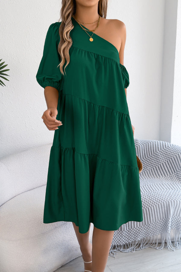 Women's Loose Midi Dress – Slash Neck Short Sleeve Casual