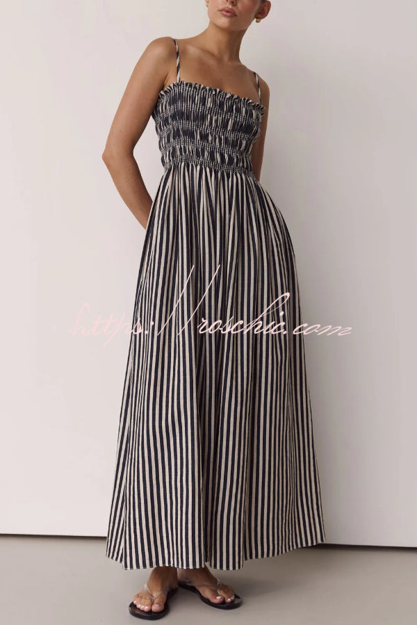 Striped Spaghetti Strap Pleated Maxi Dress with Pockets