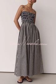 Striped Spaghetti Strap Pleated Maxi Dress with Pockets