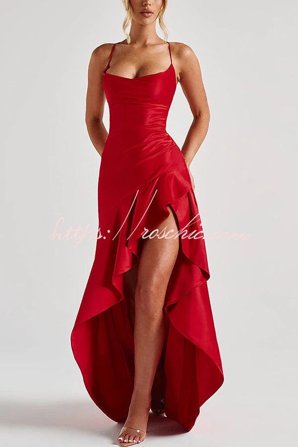 Satin Back Lace-Up High Low Ruffle Maxi Dress