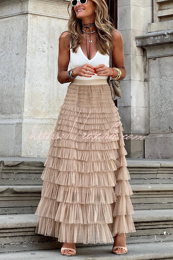 Tiered Tulle Maxi Skirt with Elastic Waist | Casual Party