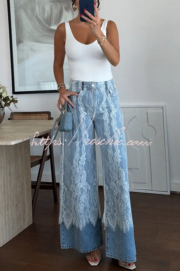 Wide Leg Jeans with Lace Patchwork Detail, High Rise
