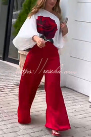 Rose Print Wide Leg Pants Suit with Belted Waist