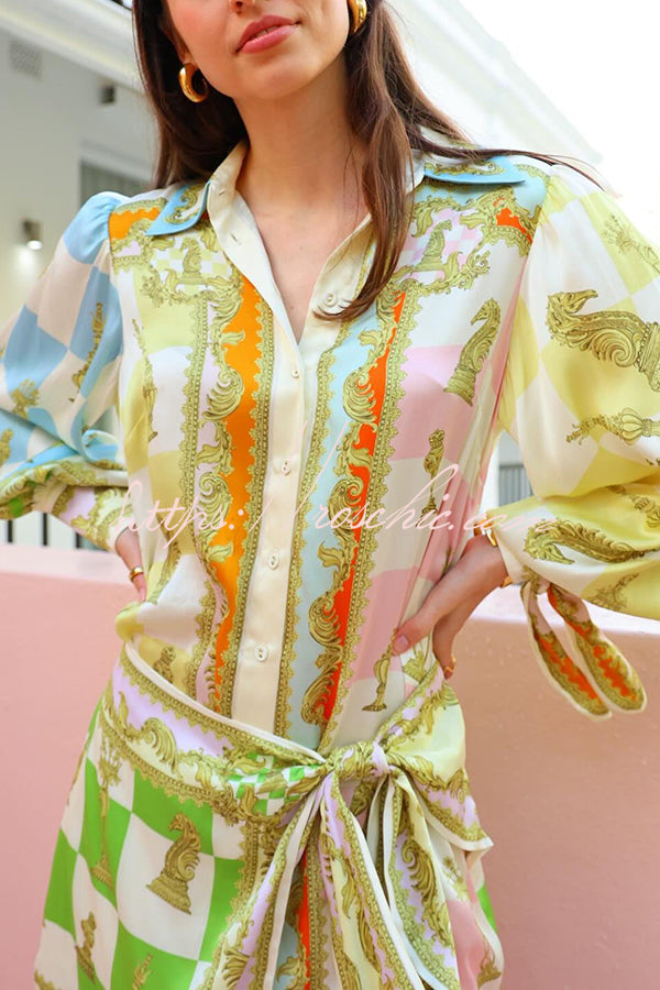 Satin Printed Tie-Up Wrap Mini Dress with Balloon Sleeves