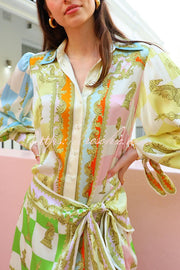 Satin Printed Tie-Up Wrap Mini Dress with Balloon Sleeves