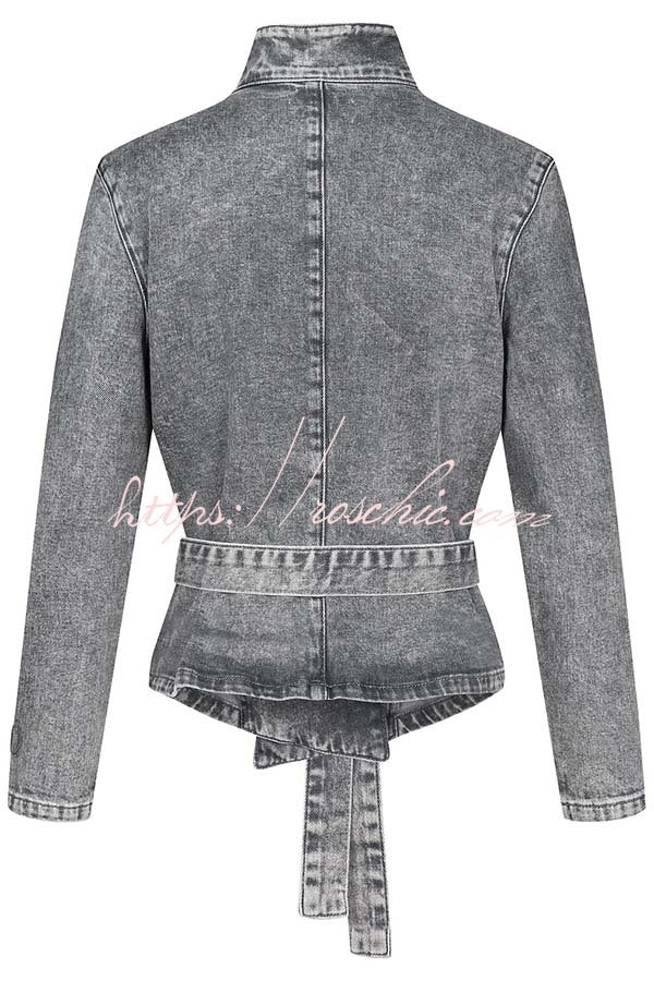Women's Denim Belted Jacket – Loose Fit Stand Collar