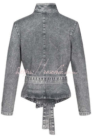 Women's Denim Belted Jacket – Loose Fit Stand Collar