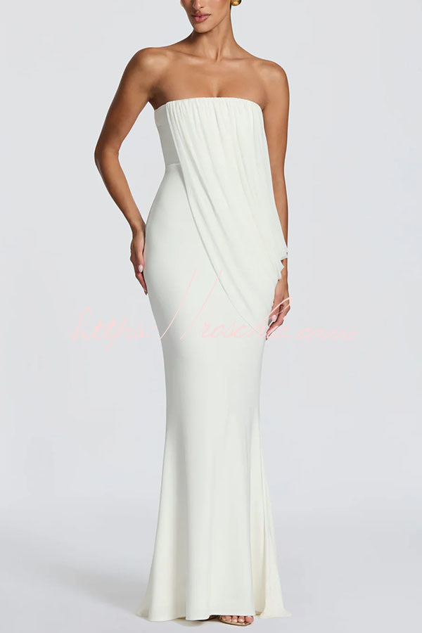Modal Knit Strapless Maxi Dress with Asymmetric Draped Mesh