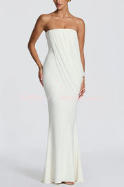Modal Knit Strapless Maxi Dress with Asymmetric Draped Mesh