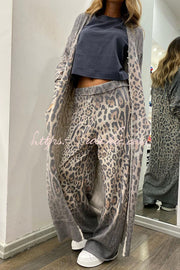 Leopard Print Cardigan & Elastic Waist Pants Lounge Set